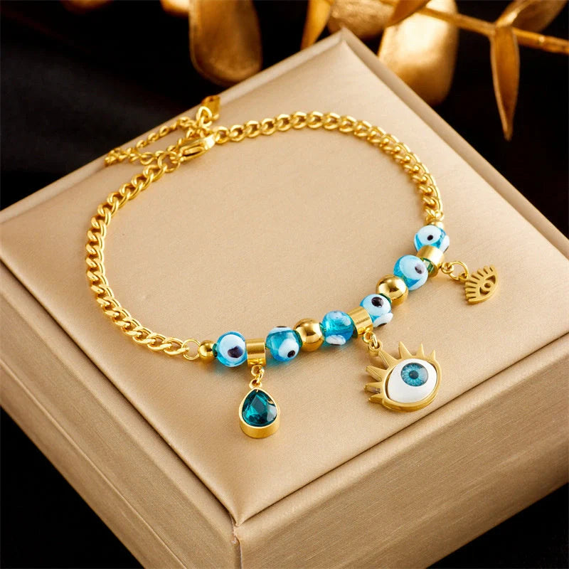 Gold plated punk fashion bracelet with double layer snake chain design and five-pointed star charm