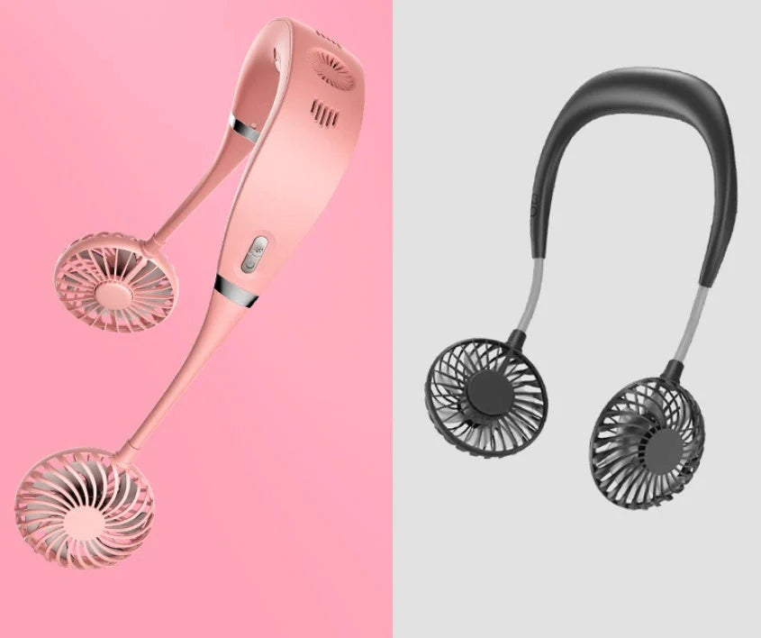 Adjustable hanging neck fan in black, pink, and white with USB charging