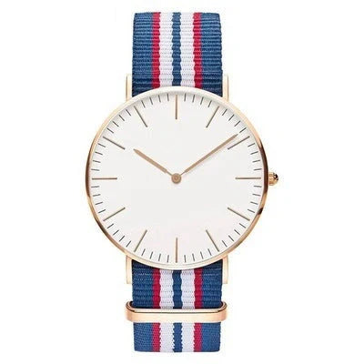 Nylon strap watch with round dial and quartz movement available in ten colours