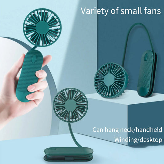 Rechargeable handheld fan in white, blue, and green with 2000mAh battery and silent operation