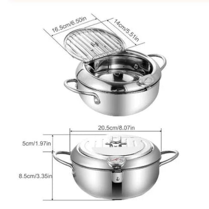 Premium stainless steel folding fryer with thermometer, perfect for frying french fries and other crispy dishes