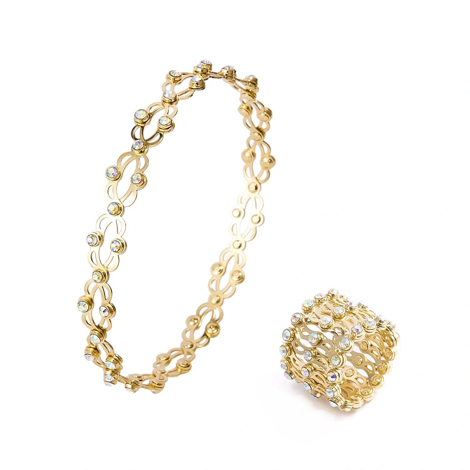 2-in-1 folding retractable rings bracelet with rhinestone detail, adjustable design