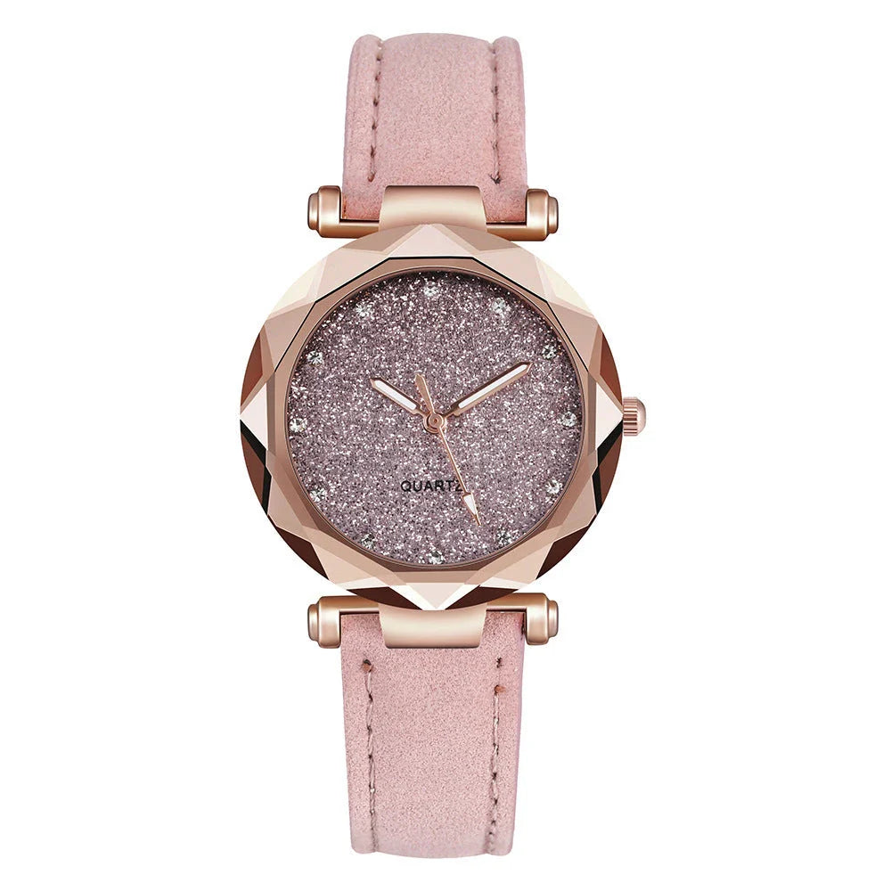Stylish and versatile starry-patterned watch with a sleek case and comfortable leather strap, available in a variety of captivating colors