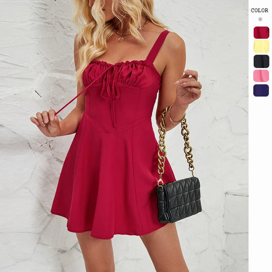Stylish summer sleeveless A-line dress with lace-up detail in various colours