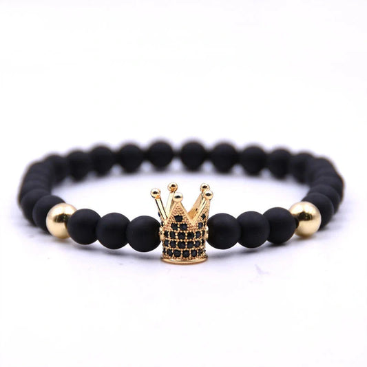 Micro-inlaid crown 6mm matte black and copper bead bracelet with zircon inlay