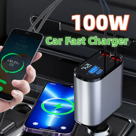 Ultra-Fast 100W Car Charger with Retractable Cable and Adjustable Connector for Rapid Smartphone, Tablet, and Laptop Charging
