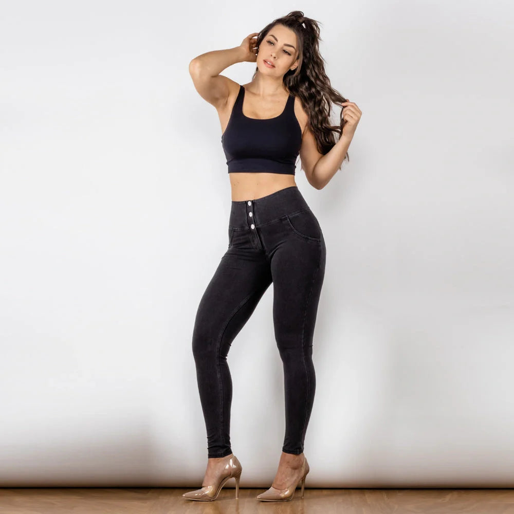 Black women's high waist button-up jeans with super elastic fabric