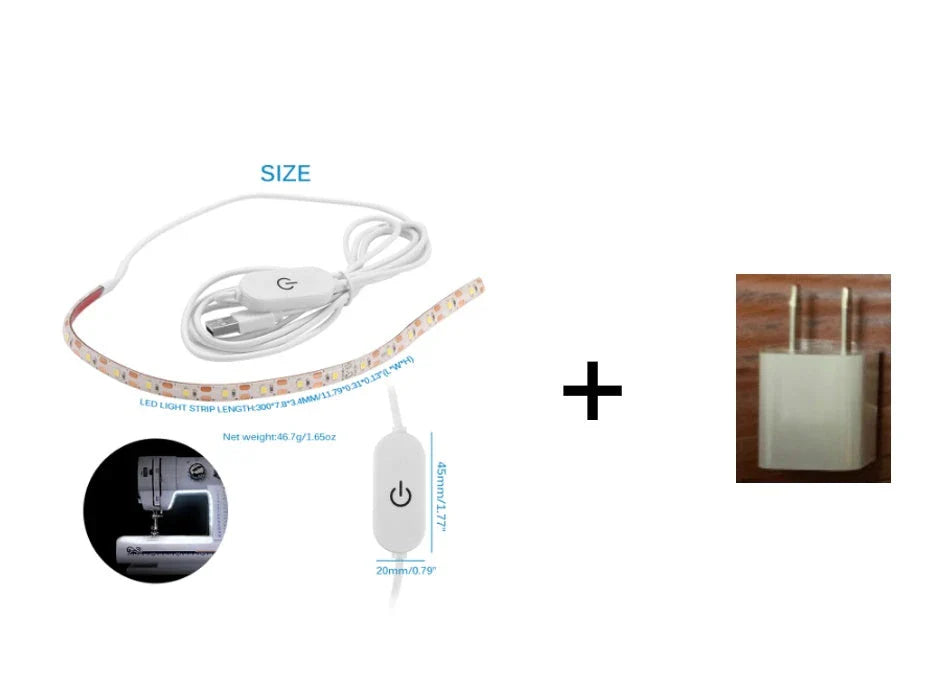 Adjustable LED light bar with touch-sensitive dimming controls for sewing machines, providing customizable lighting for sewing, quilting, and embroidery projects.
