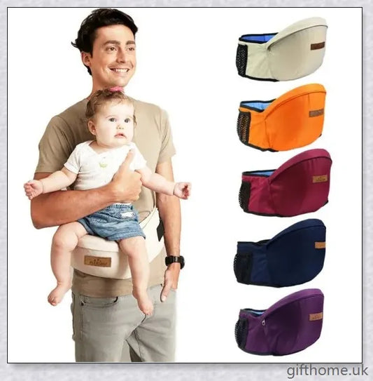 A baby carrier with a waist stool designed for hands-free parenting, featuring an ergonomic design and secure fit.