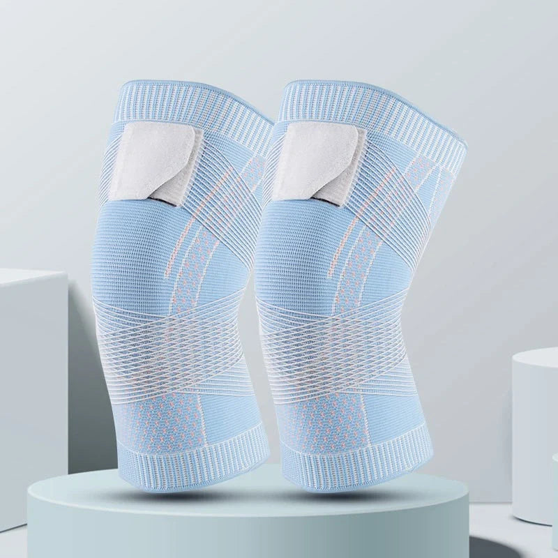 Adjustable nylon sports knee pads in pink, blue, and black