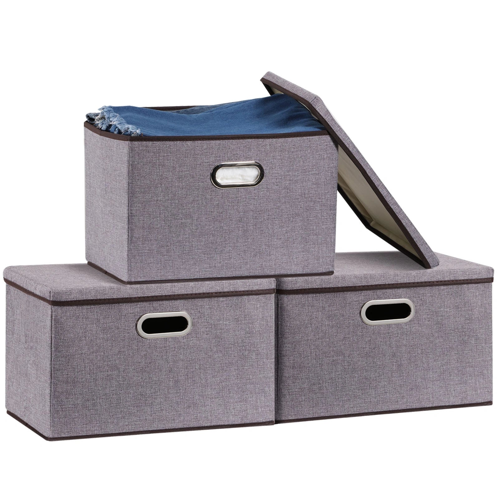 Large folding storage box set in cotton and linen, 44x30x30cm, grey colour