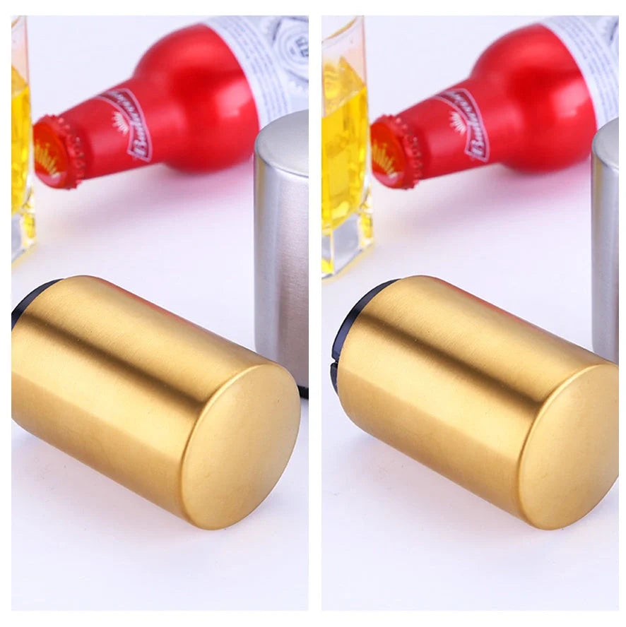 Portable magnetic automatic beer bottle opener in brushed stainless steel finish