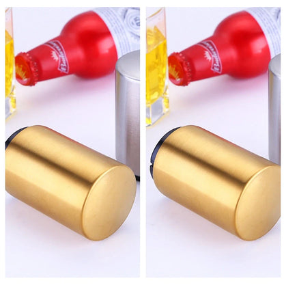 Portable magnetic automatic beer bottle opener in brushed stainless steel finish