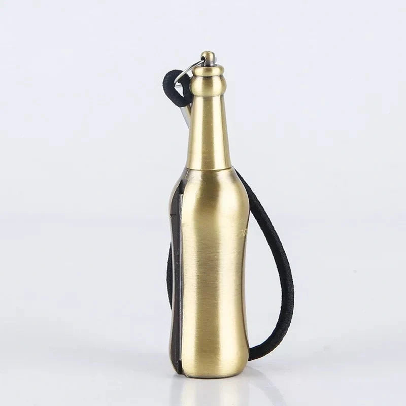 Metal keychain lighter with flint starter and bottle opener in various finishes