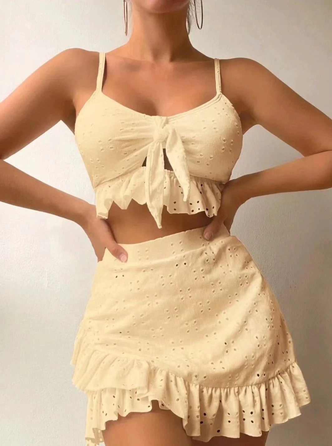 3-piece beach bikini set with hip-hugging skirt and ruffle design in various colours