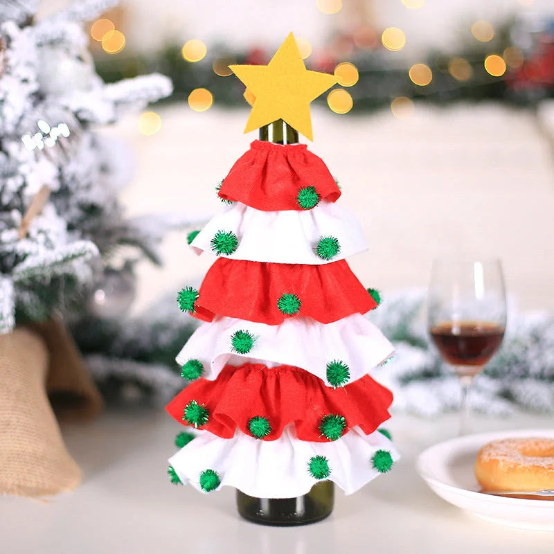 Christmas wine bottle cover with tree and ball decorations in red and green