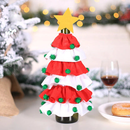 Christmas wine bottle cover with tree and ball decorations in red and green