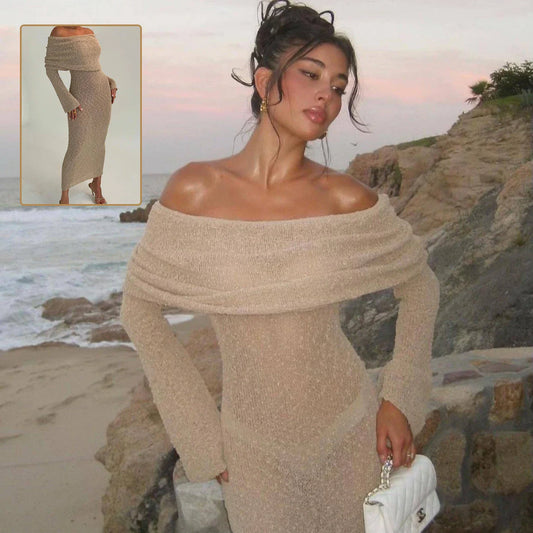 A one-shoulder knit maxi dress in various colors, perfect for beach vacations and summer events.