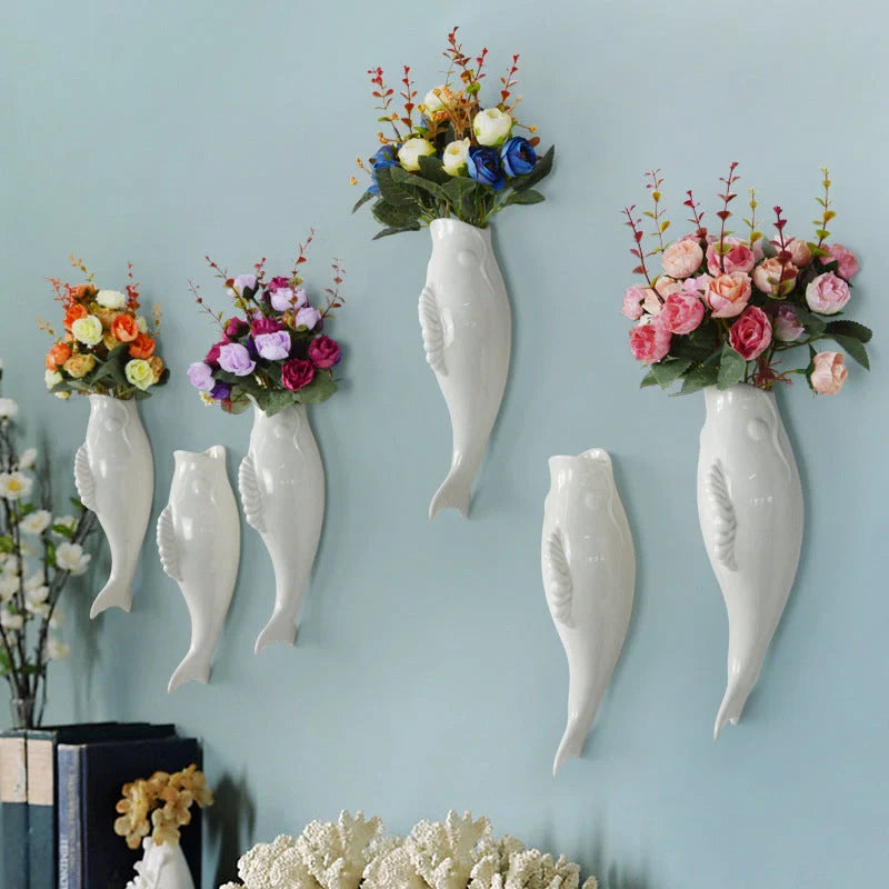 Modern ceramic goldfish vase wall hanging in white, three-dimensional design