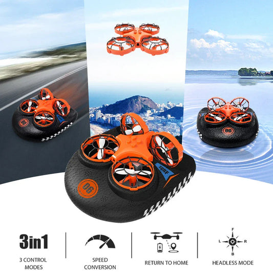 Versatile 3-in-1 RC Hovercraft Drone that can fly, glide on land, and cruise on water with intuitive controls and long-lasting battery life