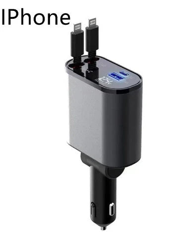 Ultra-Fast 100W Car Charger with Retractable Cable and Adjustable Connector for Rapid Smartphone, Tablet, and Laptop Charging