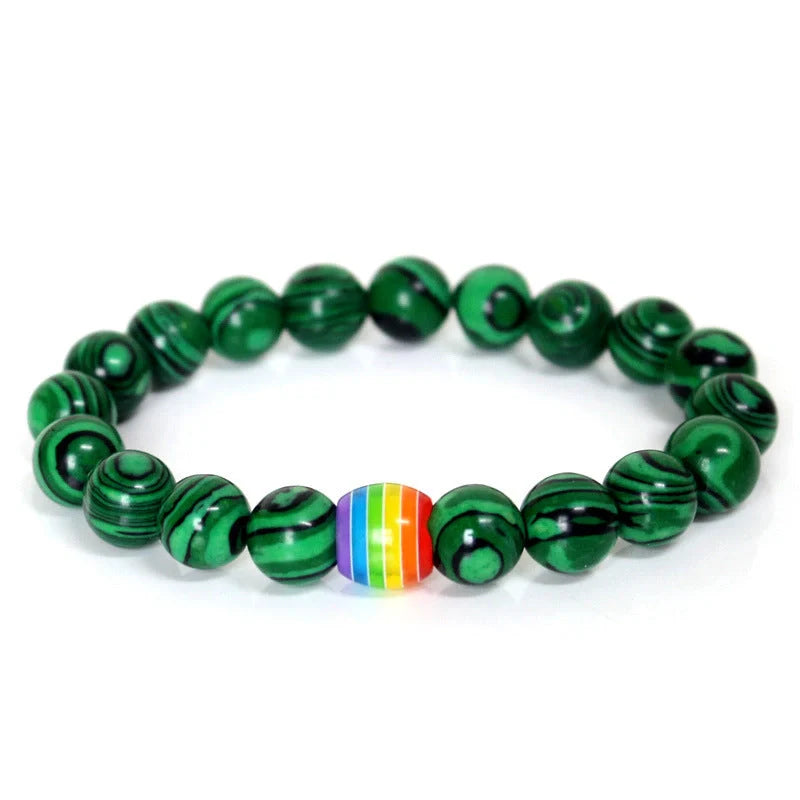 Pride Rainbow Bead Bracelet featuring natural stones in vibrant colours, perfect for unisex wear.