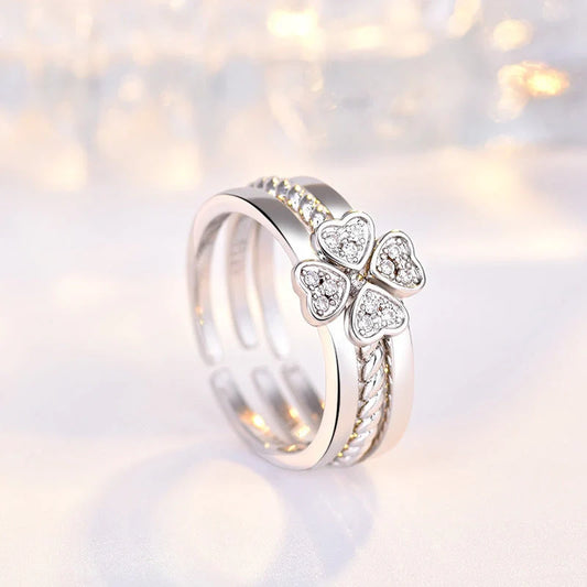 Adjustable four-leaf clover spinning ring set for women with shiny zircon stones