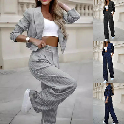 Fashionable striped suit sets featuring cropped tops and straight-leg pants in various color options