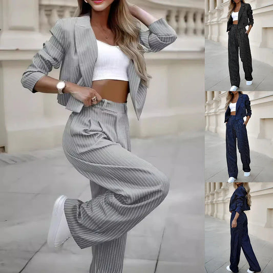 Fashionable striped suit sets featuring cropped tops and straight-leg pants in various color options