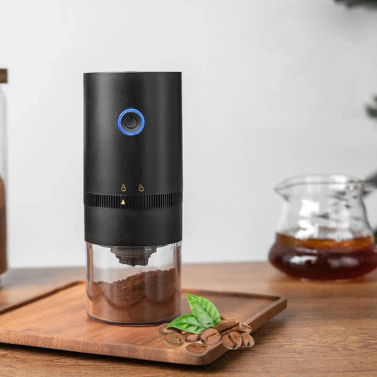 Portable electric coffee grinder with adjustable grind settings, USB-C charging, and dishwasher-safe components for fresh ground coffee on the go.