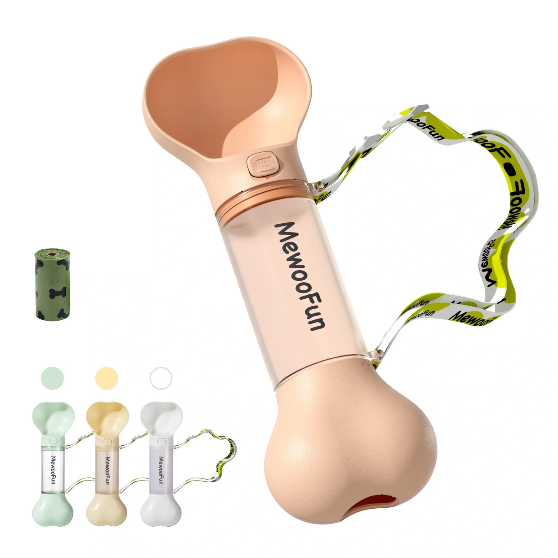 Mewoofun 2-in-1 leak-proof pet water bottle with adjustable strap and poop bag storage
