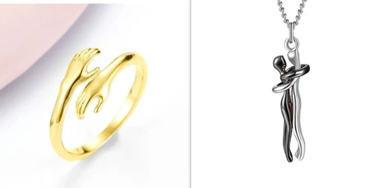 Adjustable Alloy Hands Hug Ring in silver and gold, stylish unisex jewelry