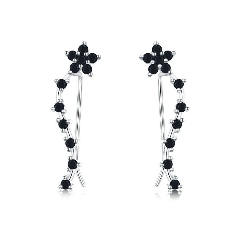 Women's long fringed zircon earrings in black with floral design