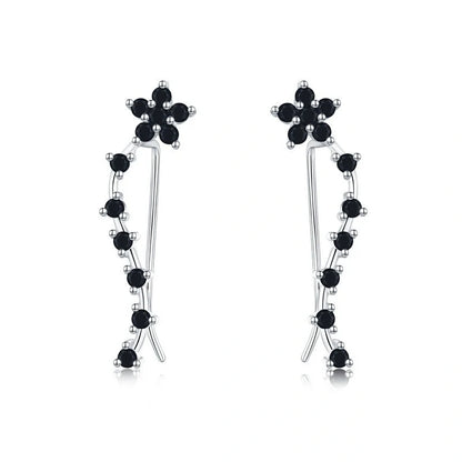 Women's long fringed zircon earrings in black with floral design
