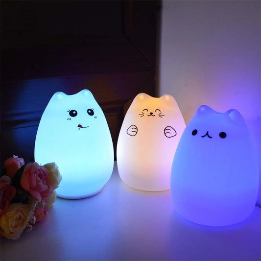 Adorable cat design silicone touch sensor LED night light for children with colour-changing feature