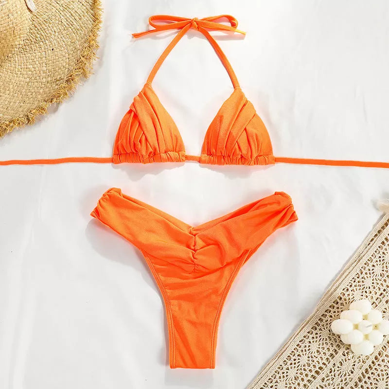 Women's solid colour pleated bikini with high elasticity and chest pad