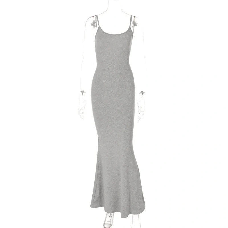 Women's spaghetti strap long dress in pink, gray, black, and blue with high waist design