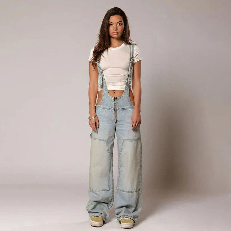 Stylish denim overalls with adjustable suspender straps, front and back pockets, and a comfortable micro-elastic fit, available in a variety of chic colors.