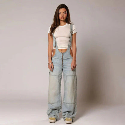 Stylish denim overalls with adjustable suspender straps, front and back pockets, and a comfortable micro-elastic fit, available in a variety of chic colors.