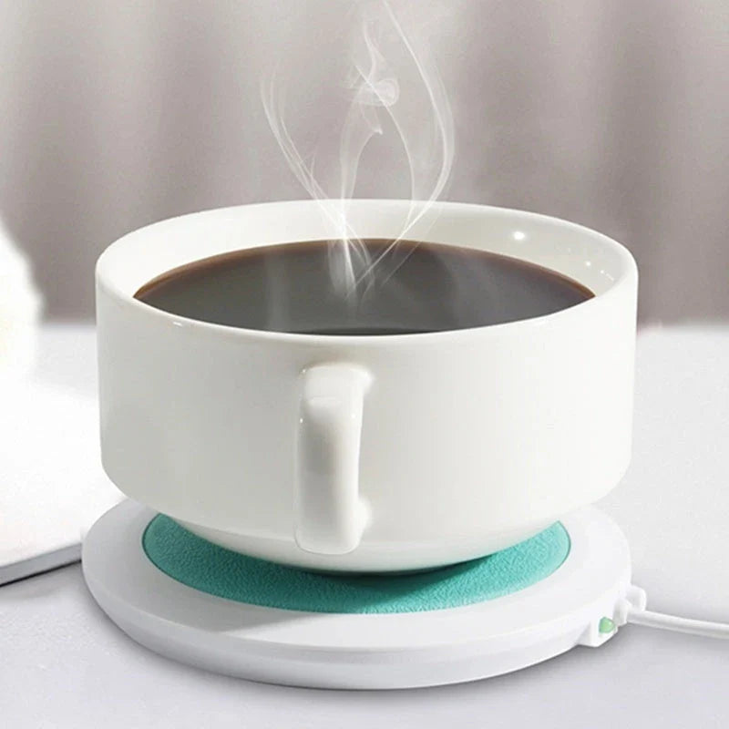 Sleek USB-powered cup warmer in various colors, keeping drinks hot and toasty