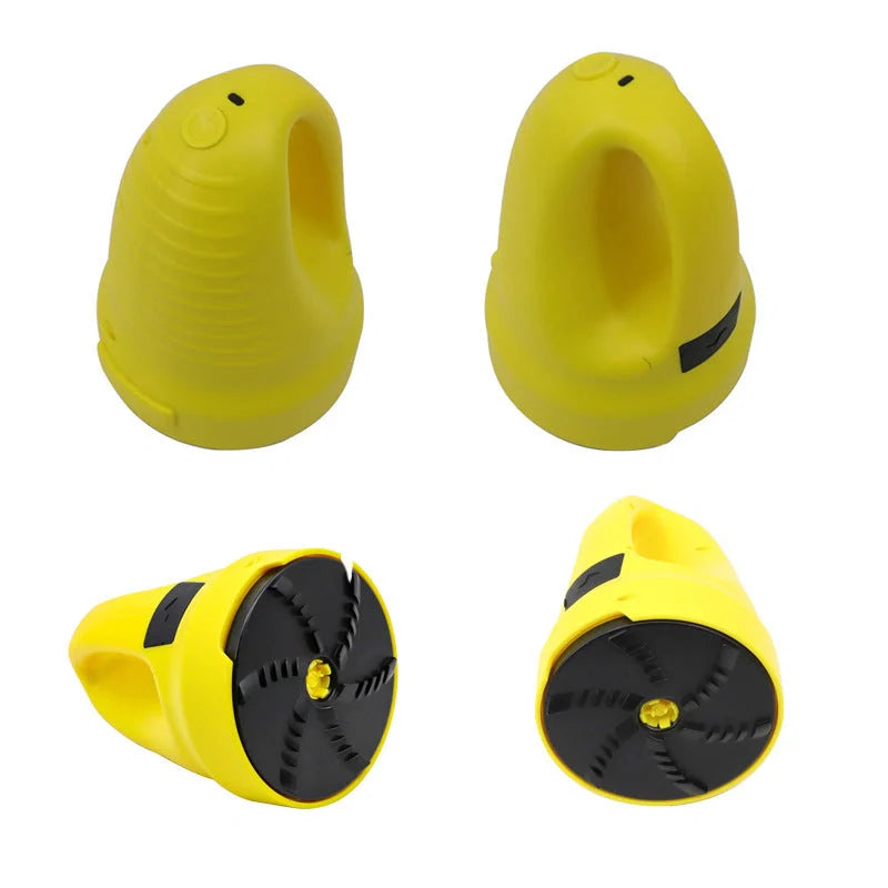 Electric snow scraper with yellow body and rotating disc for ice removal