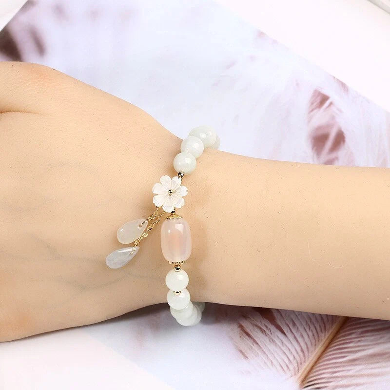 Elegant Shell Flower Jade Water Drop Bracelet with natural jadeite and shells