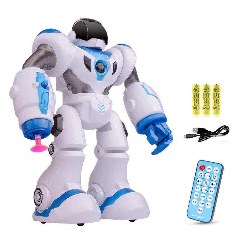 Remote-controlled dancing robot toy with gesture-sensing controls, preprogrammed songs and dances, and customizable programming capabilities