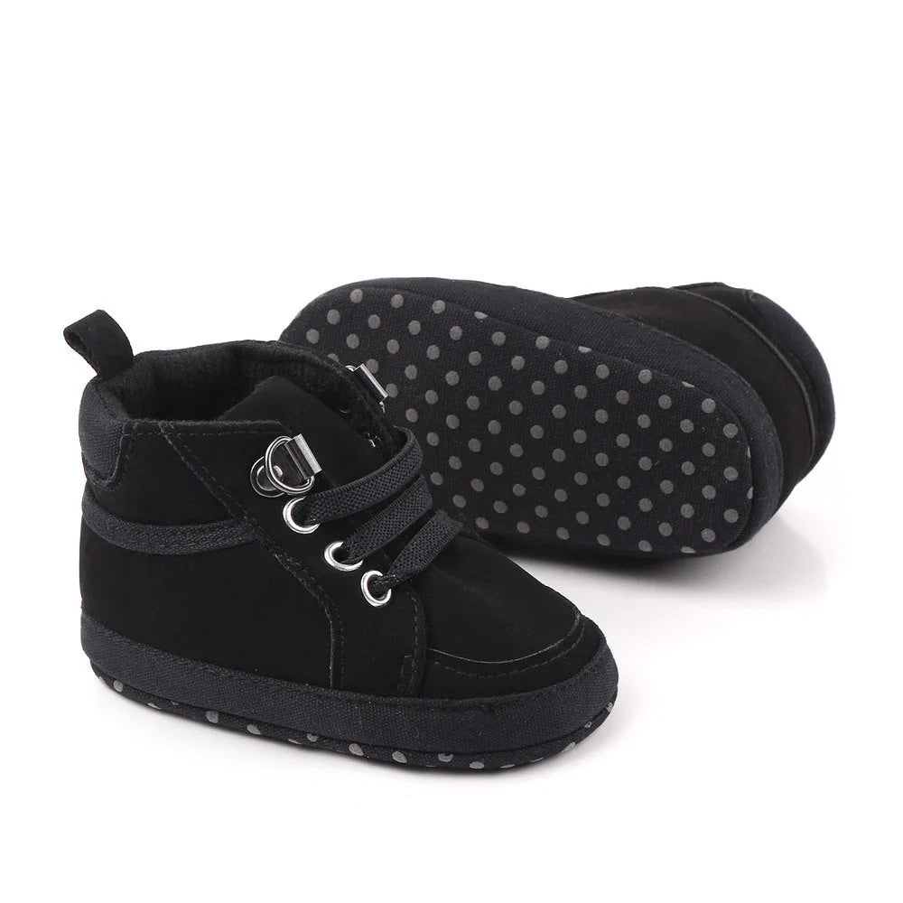 Soft-soled non-slip toddler shoes in brown, grey, and navy blue