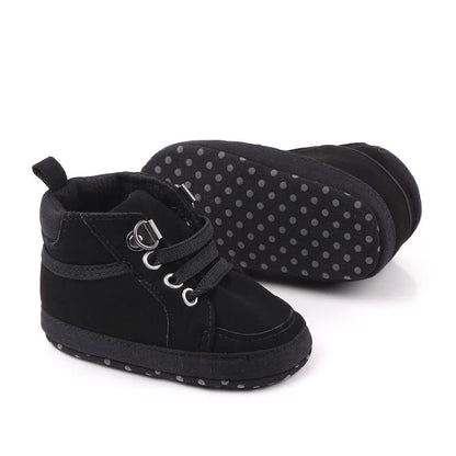 Soft-soled non-slip toddler shoes in brown, grey, and navy blue