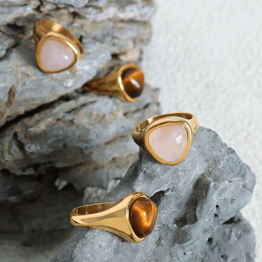 Retro titanium steel ring with natural stone in pink crystal and Tigereye options