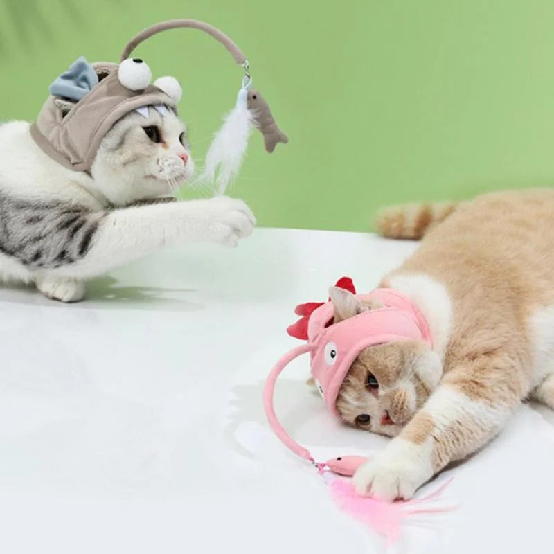 Adjustable head wearing feather funny cat stick toy for indoor play
