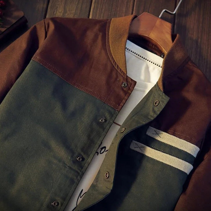 Men's Korean-style single-breasted casual jacket in cotton, available in green and navy blue