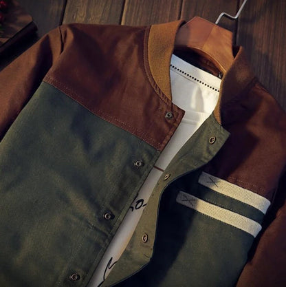 Men's Korean-style single-breasted casual jacket in cotton, available in green and navy blue