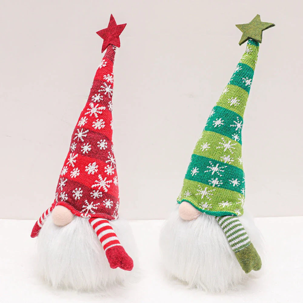Festive faceless gnome figures in various colours, including green, red, and grey, adding a whimsical touch to Christmas home decor